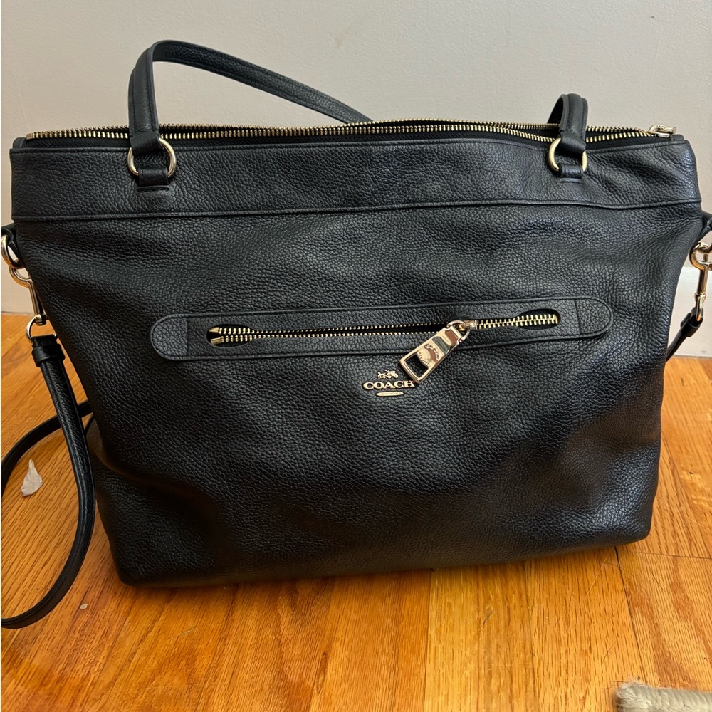 Black Pebble Leather Coach Travel Crossbody Tote Bag